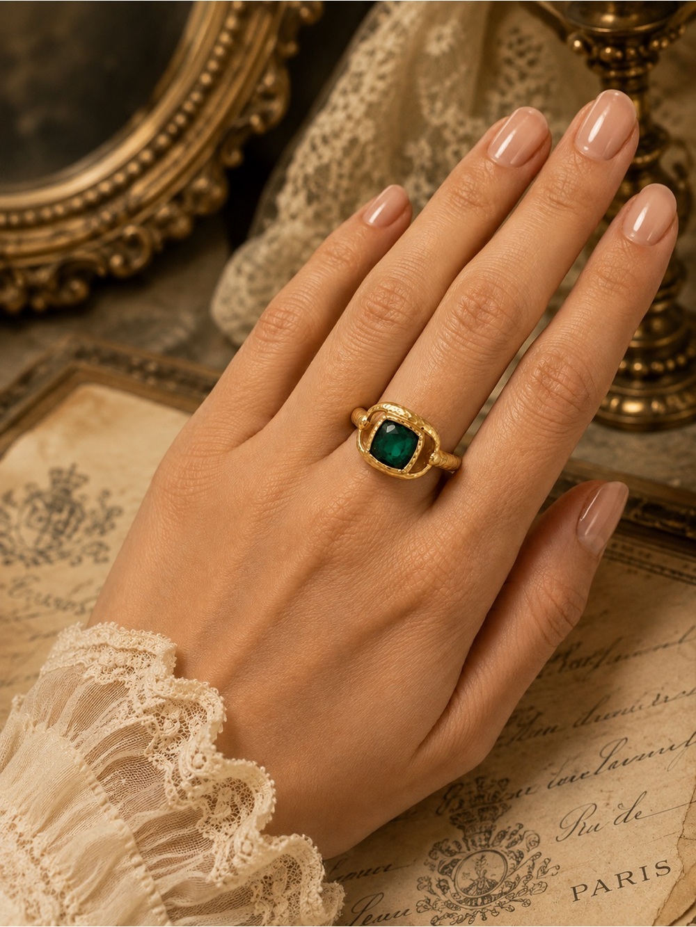 Oscar de la Renta Gold Ring with Deep Green Cushion Stone - Picture 3 of 10
